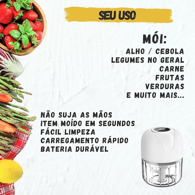 Mini Processador Moedor De Alimentos 250 Ml Elétrico Sem Fio